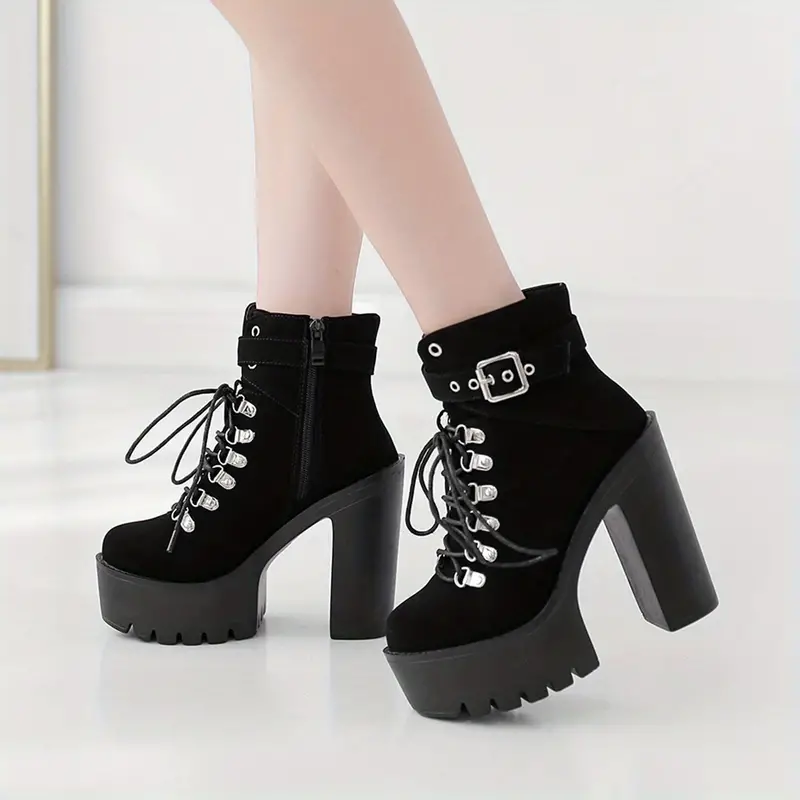 Women's Platform Block High Heels Ankle Boots, Black Round Toe Lace Up  Ankle Buckle Strap Pumps, Fashion Party Motorcycle Short Boots